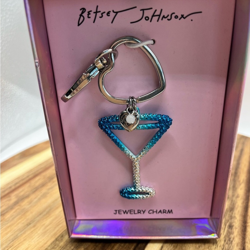 Betsey Johnson Blue Teal Crystal Martini Keychain Charm with Heart Ring